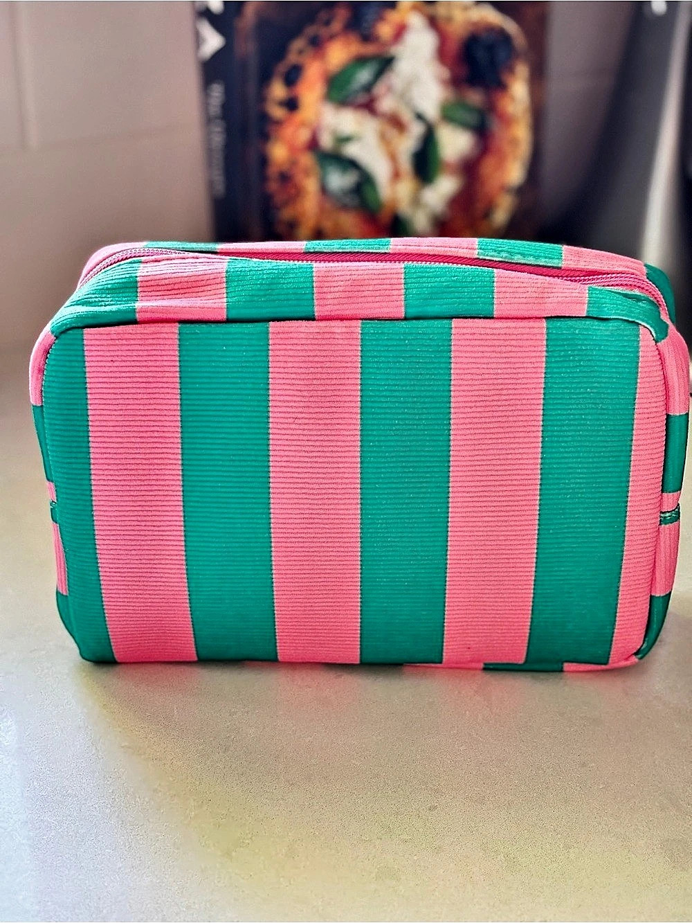Striped Cosmetic Bag in Pink & Green Like New